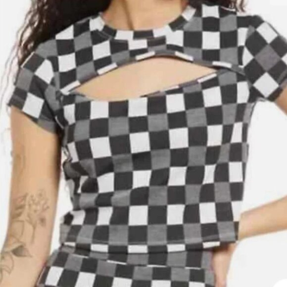 BP by Nordstrom Black White & Grey Gingham Checker Cutout Crop Top Shortsleeve S - Picture 1 of 16
